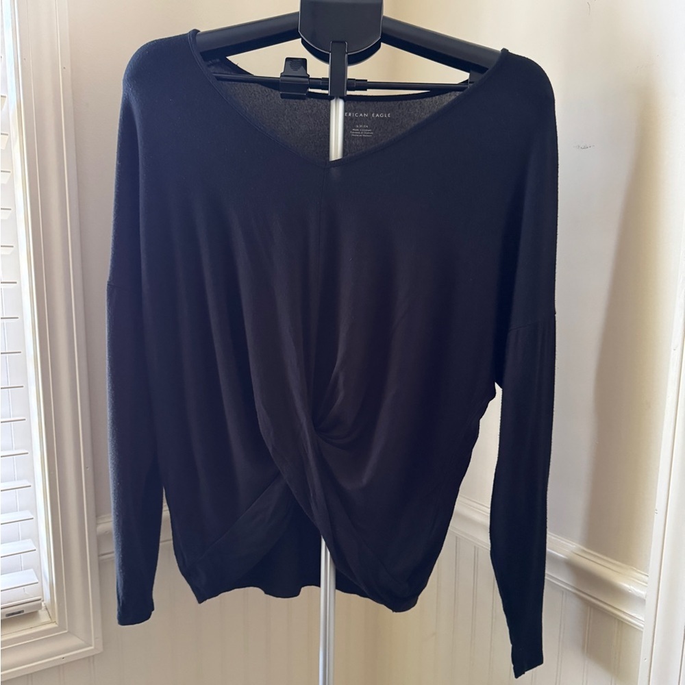American Eagle Outfitters Black Twist-Front V-Neck Top